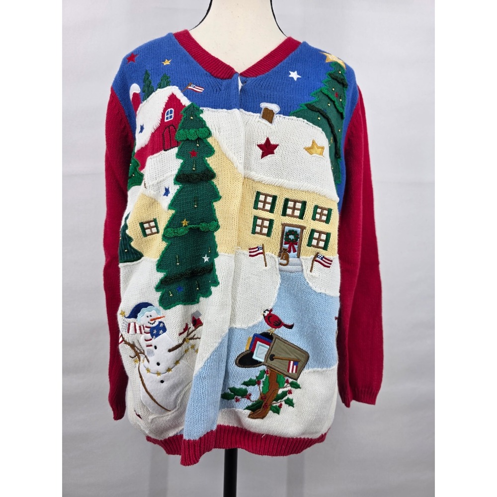 Quacker Factory Christmas Cardigan Sweater M Winter Village Patriotic Angel Red